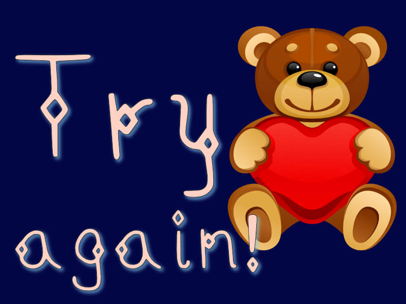 The words Try again! on navy background. The image of a plush bear holding a heart on the right.