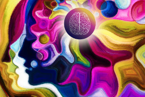 A colourful painting of several faces in profile. Where the brain would be is a bright yellow light
          and the image of a brain on a lolourful gradient.