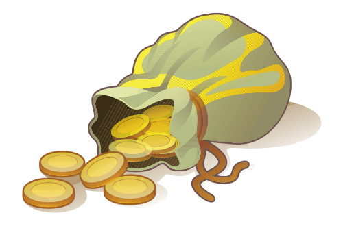 a drawing of an open money bag. Coins are toppling out.