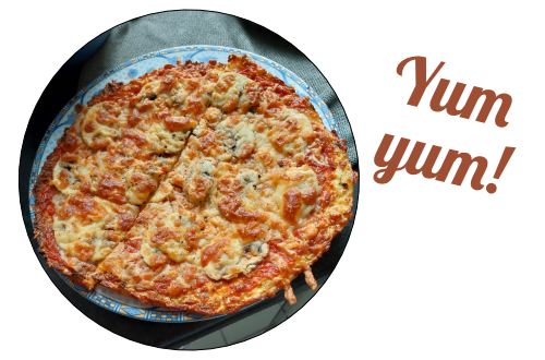 A cauliflower pizza in a circle frame on the left and the words Yum Yum! on the right