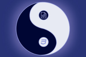 A yin and yang on dark blue background. Inside the small circles are the symbol for HTML 5 and CSS3