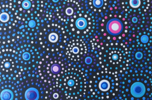 bubbles in concentric circles, colors are blue, white and purple, background is black