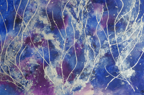 silver lines flow vertically over a purple and blue background