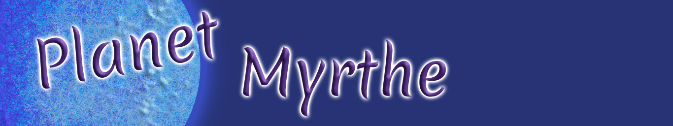 a brimming blue sphere on even darker blue background; the title planet myrthe is written in glowing purple over it