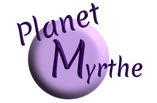 a lavender 3d button; the words Planet Myrthe are written in dark purple over it