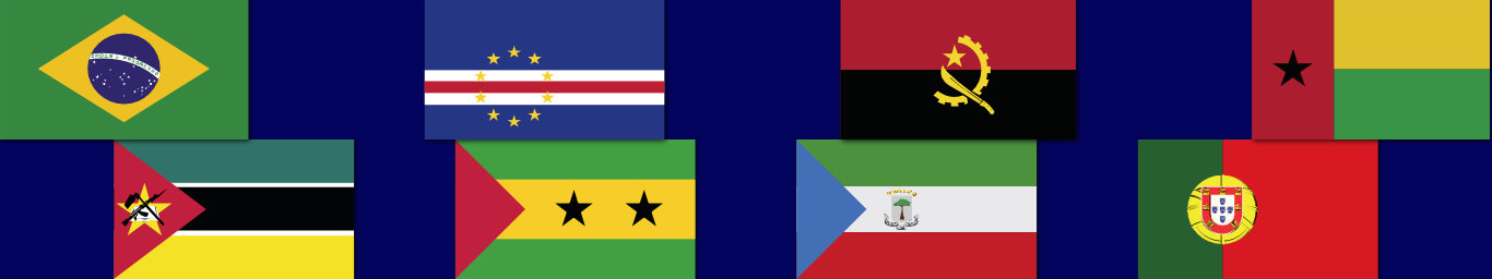 The flags of (top row) Brazil, Cape Verde, Angola, Guineau-Bissau, and 
      (bottom row) Mozambique, Sao Tome and Principe, Equatorial Guinea and Portugal on navy background.