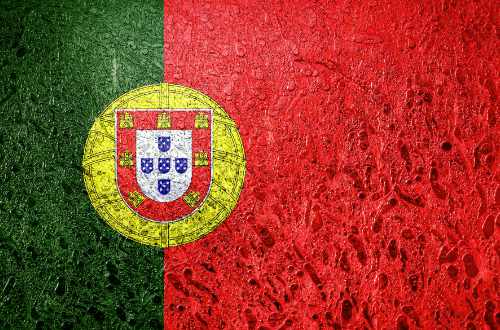 The Portuguese flag in an artist's rendering, meaning it looks like it has water droplets on it.