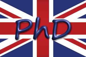 The letters PhD written over the Union Jack