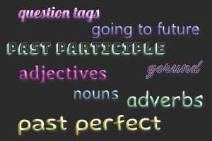 words and phrases describing wordgroups, like nouns and adjectives; in 
            different colours on black background